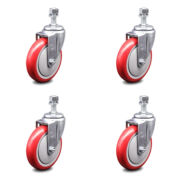5 Inch Red Polyurethane Wheel Swivel 12mm Threaded Stem Caster Set SCC